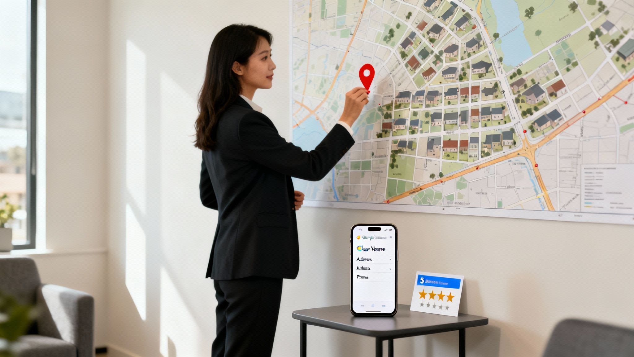 A real estate agent pointing to a map of a suburb on a tablet, indicating local SEO focus.