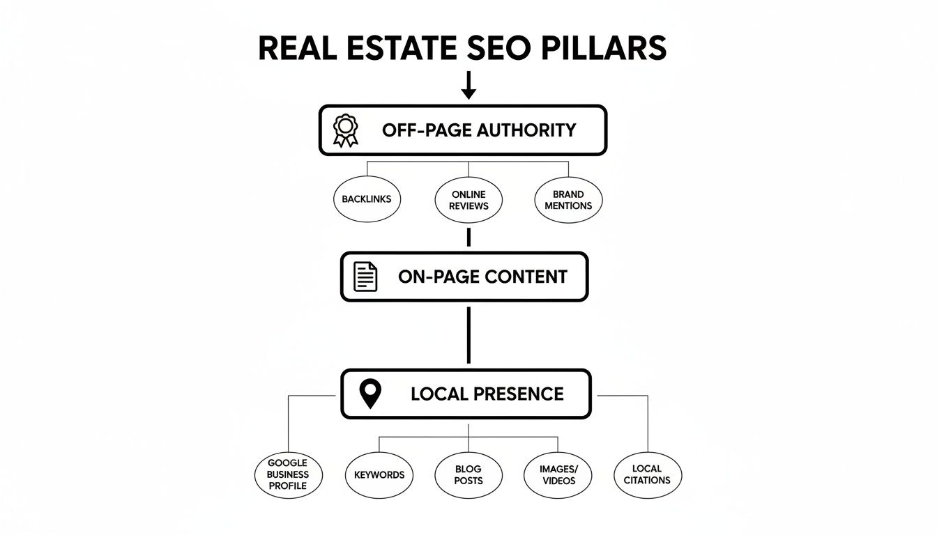 Flowchart illustrating real estate SEO pillars: off-page authority, on-page content, and local presence.