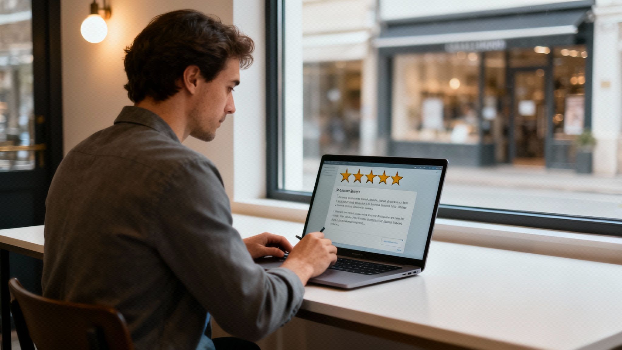 A business owner sitting at a desk, thoughtfully typing a response to a customer review on a laptop.