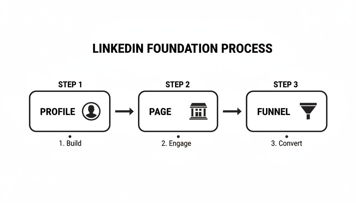 A diagram illustrating the LinkedIn Foundation Process: Step 1 Profile (Build), Step 2 Page (Engage), Step 3 Funnel (Convert).