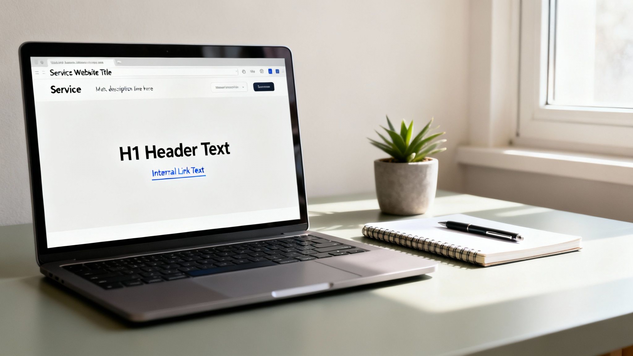 Laptop displaying a website with H1 Header Text and an internal link, beside a plant and notebook.