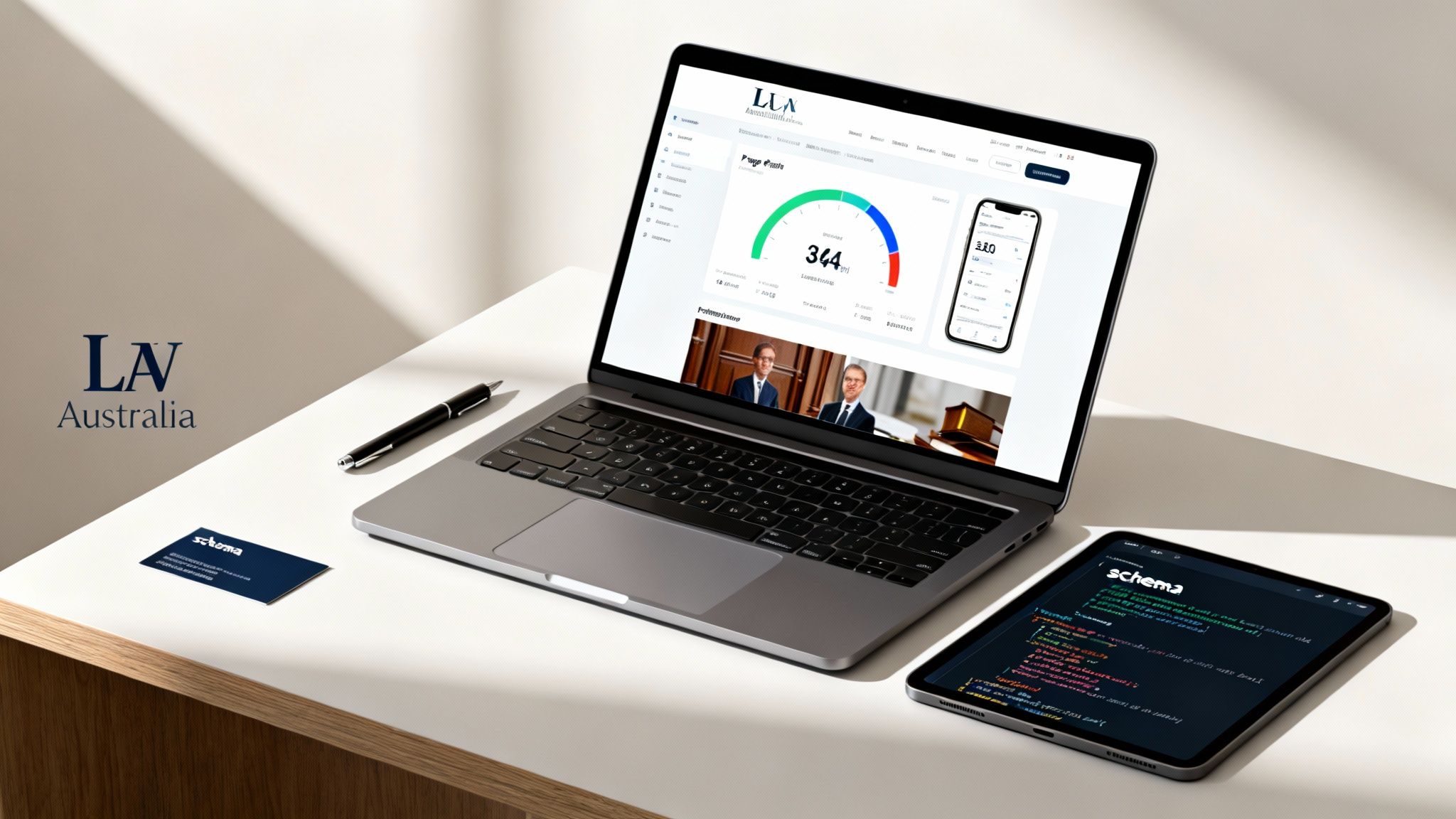 Modern workspace with a laptop displaying a business dashboard, a tablet showing code, and a business card.