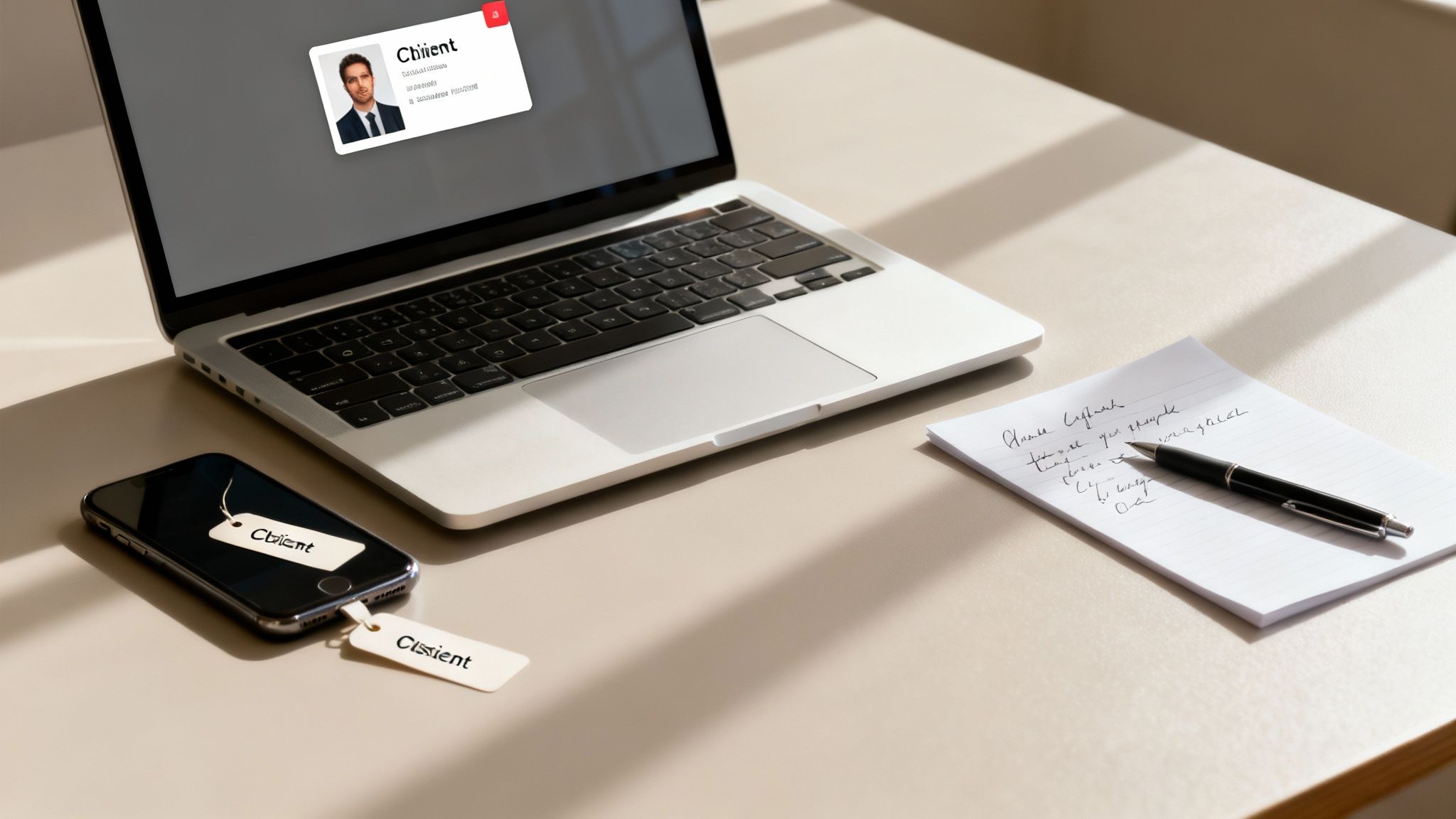 A laptop displaying a client profile, a smartphone with client tags, and a notepad with a pen on a desk.