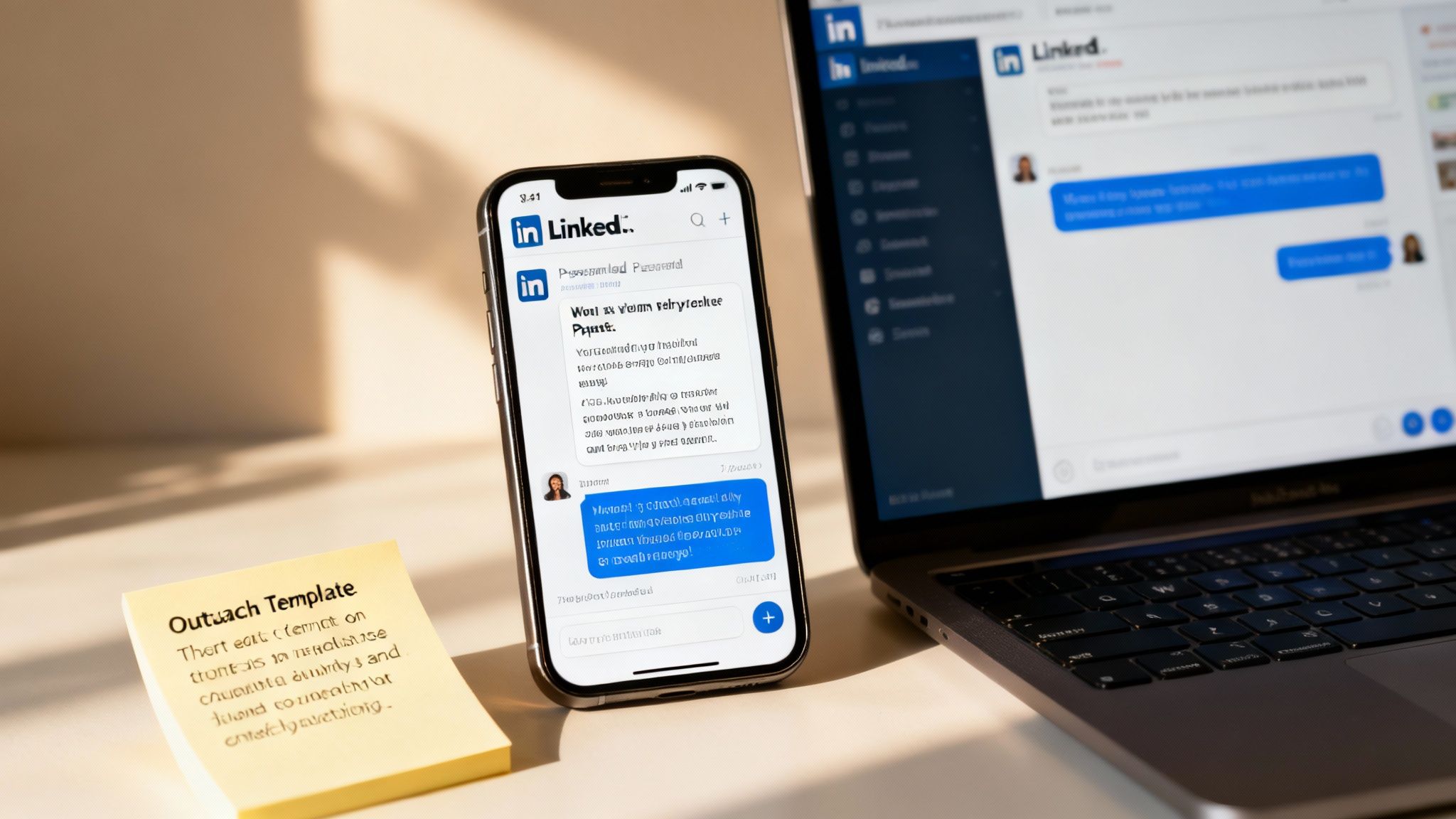 LinkedIn displayed on a smartphone and laptop, with an outreach template sticky note.