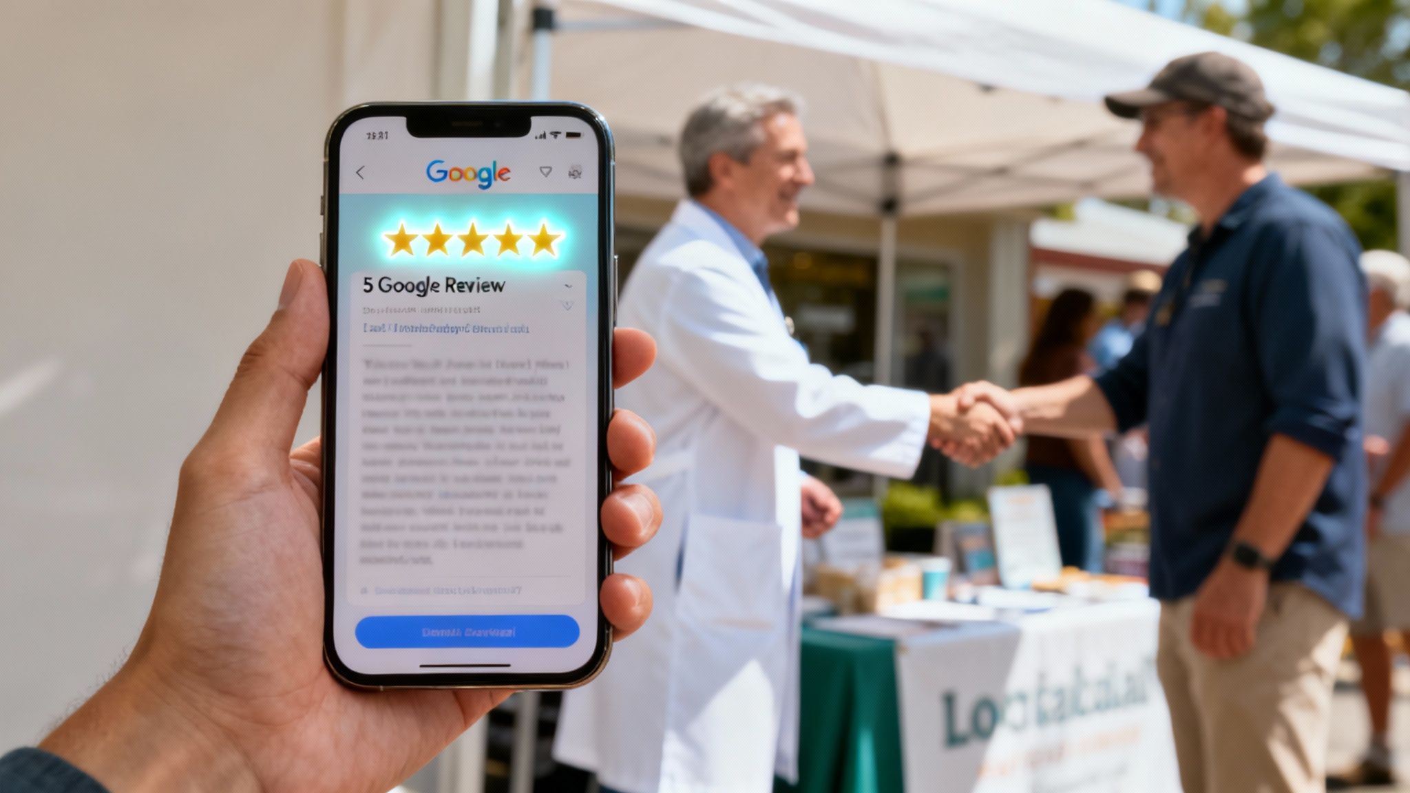 A hand holds a smartphone displaying a 5-star Google review, with two men shaking hands in the background.