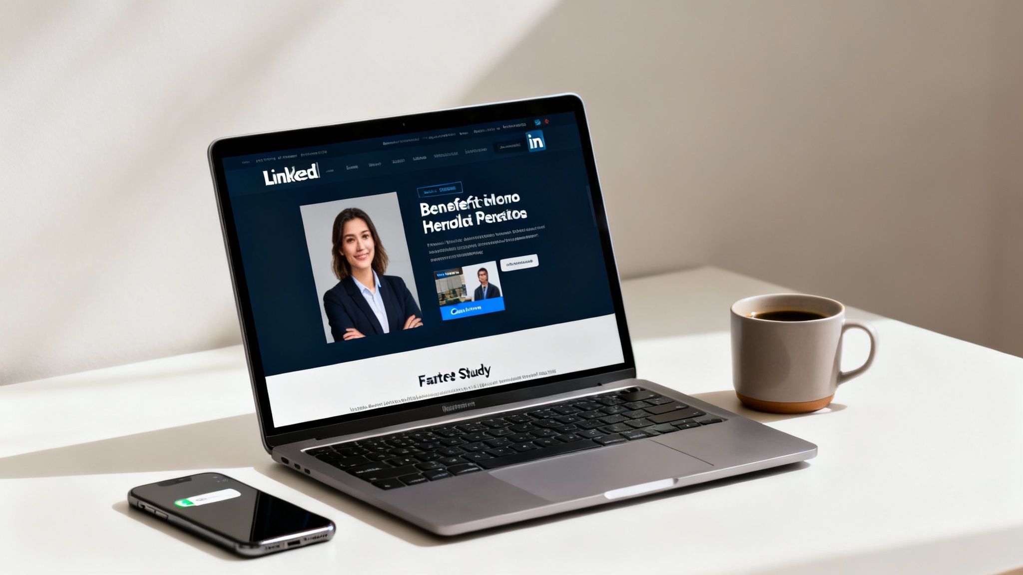 A modern workspace featuring a laptop displaying LinkedIn, a charging smartphone, and a coffee cup on a clean white desk.