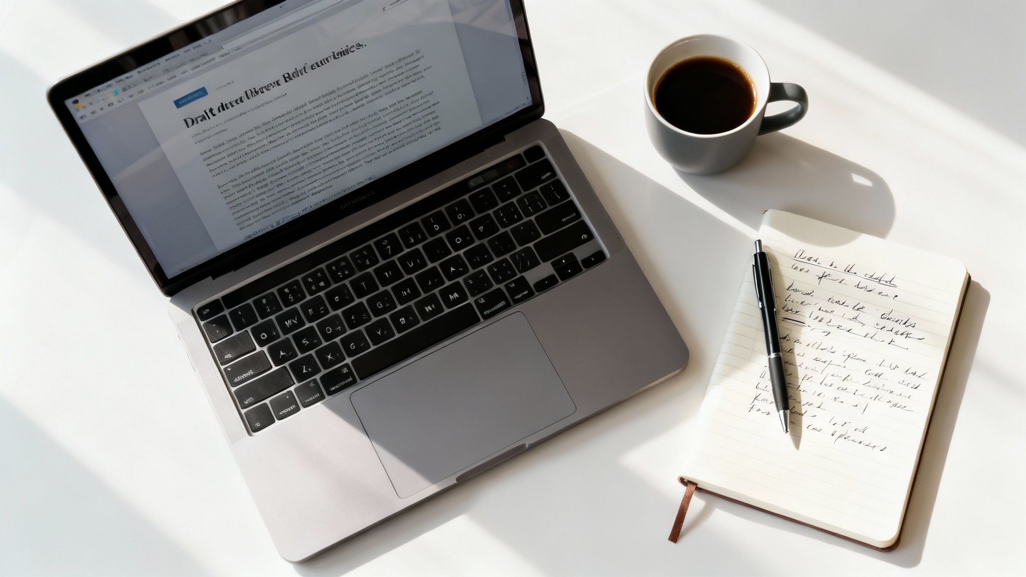 Flat lay of a modern workspace featuring a silver laptop, black coffee, and a notebook with a pen.