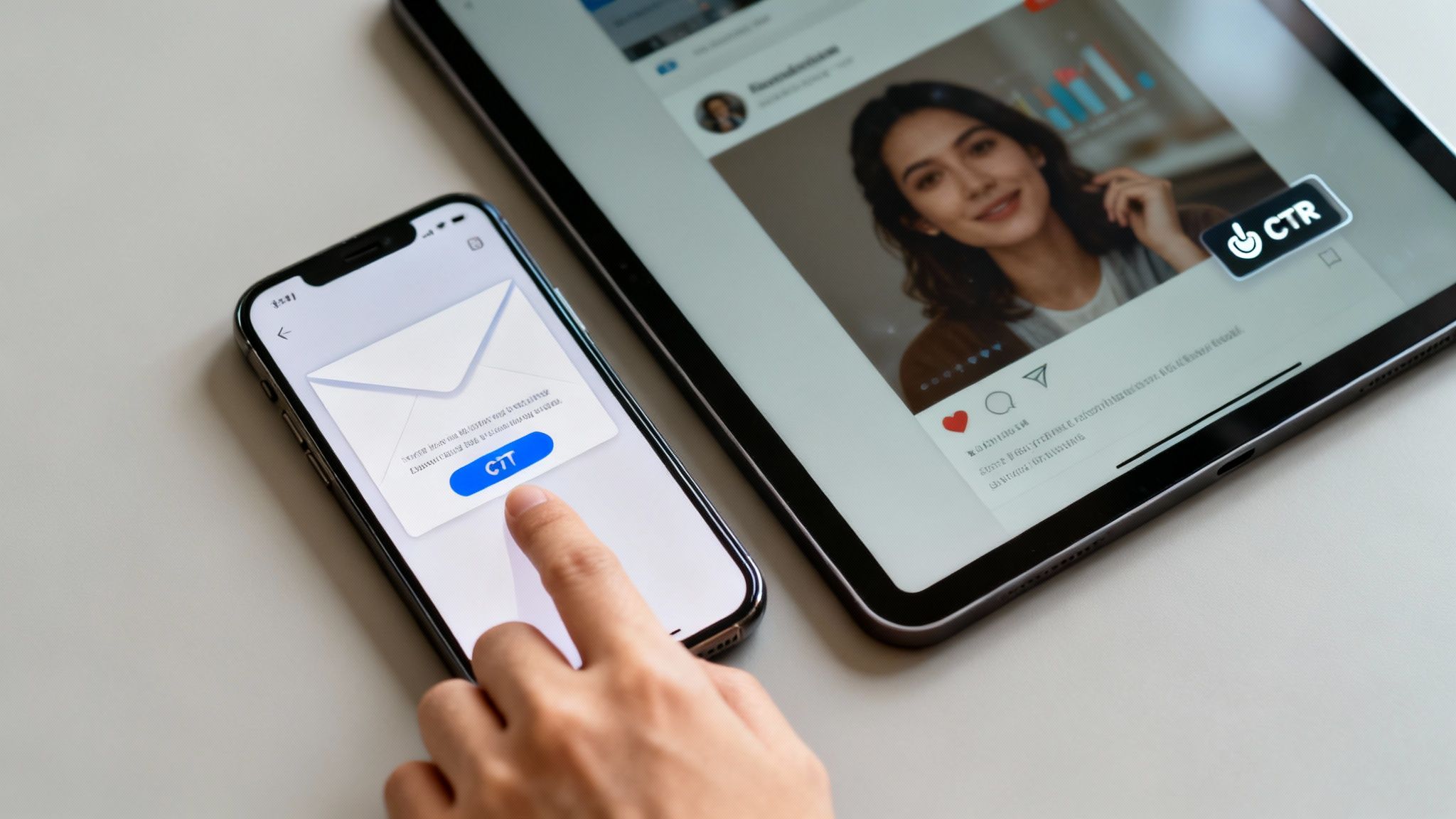 Hand tapping a smartphone with an email notification, next to a tablet showing social media content and CTR.