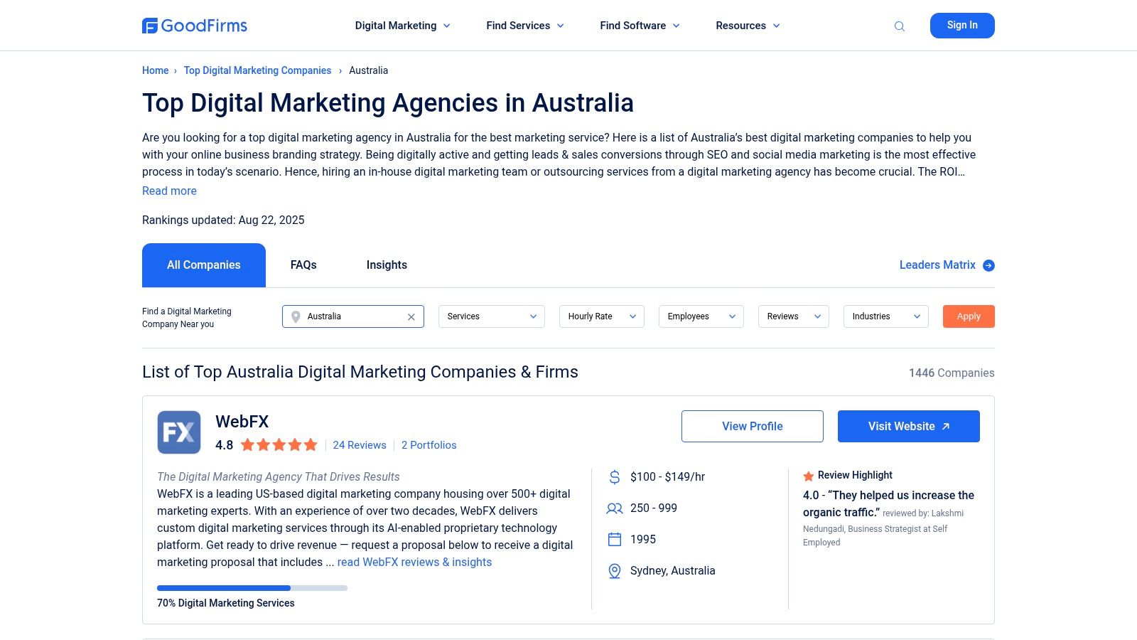 A screenshot of the GoodFirms.co website, showing a ranked list of top digital marketing companies in Australia, with filters for hourly rates and location visible on the side.