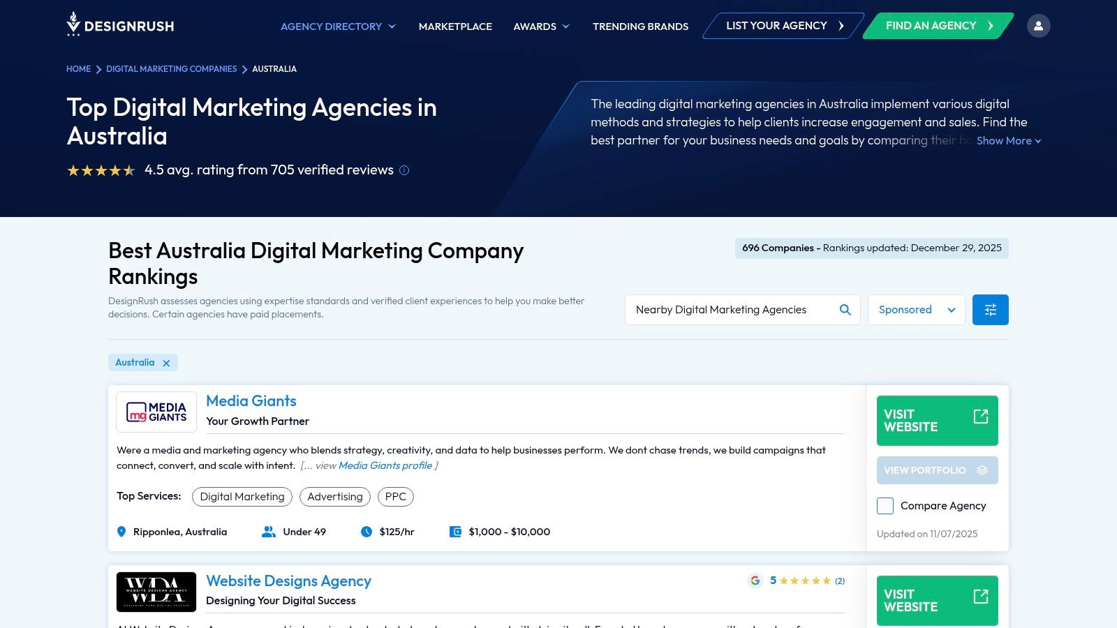 A screenshot of the DesignRush website displaying a list of top digital marketing companies in Australia, highlighting filters for budget, services, and agency size.