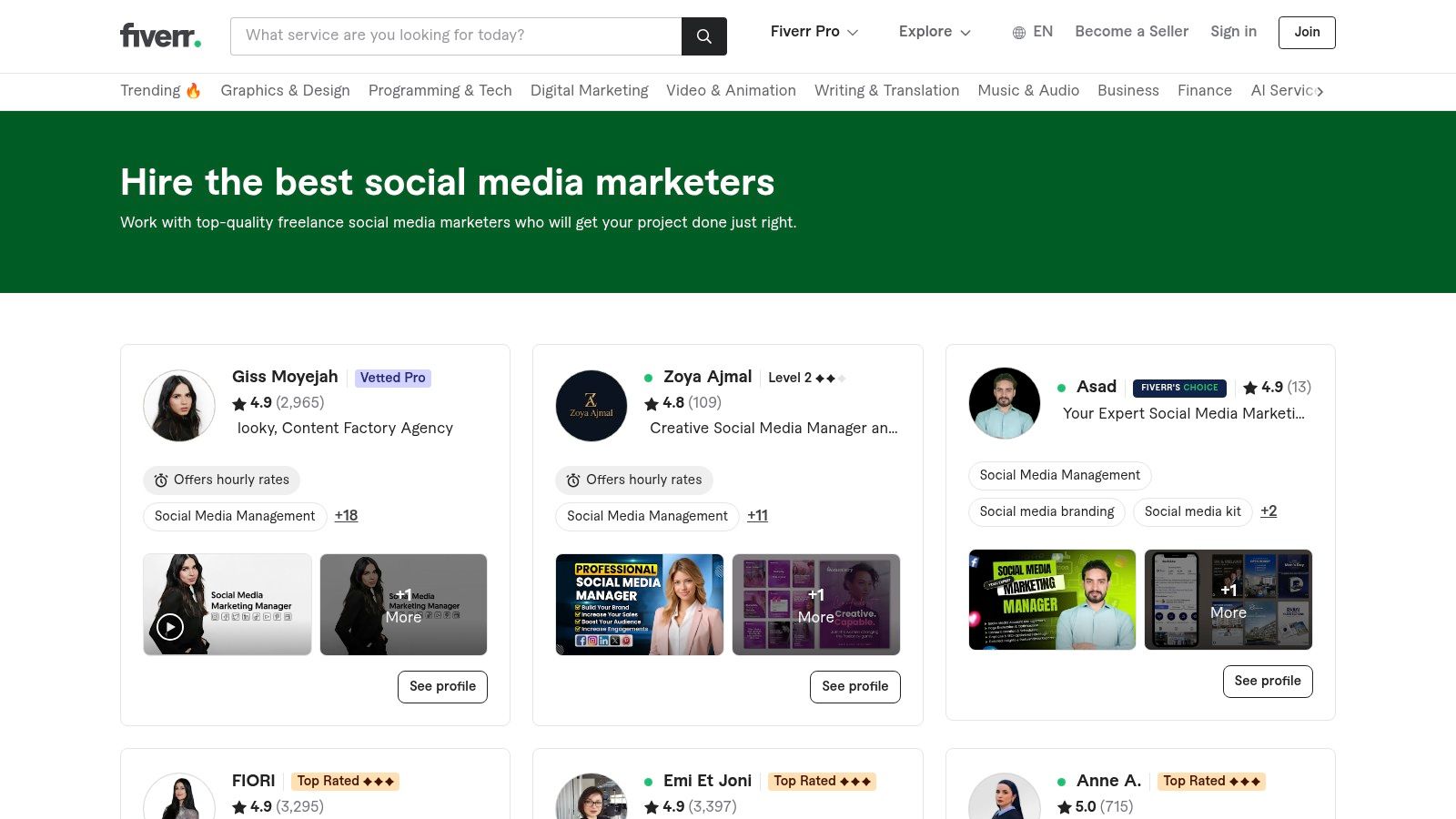 Fiverr's interface showing social media marketing freelancer profiles with service packages and pricing.