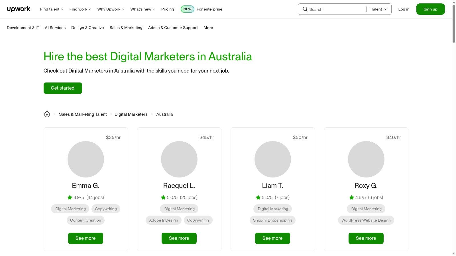 A screenshot of the Upwork website for Australian digital marketers, showing freelancer profiles with their hourly rates, job success scores, and specialisations like SEO and social media.
