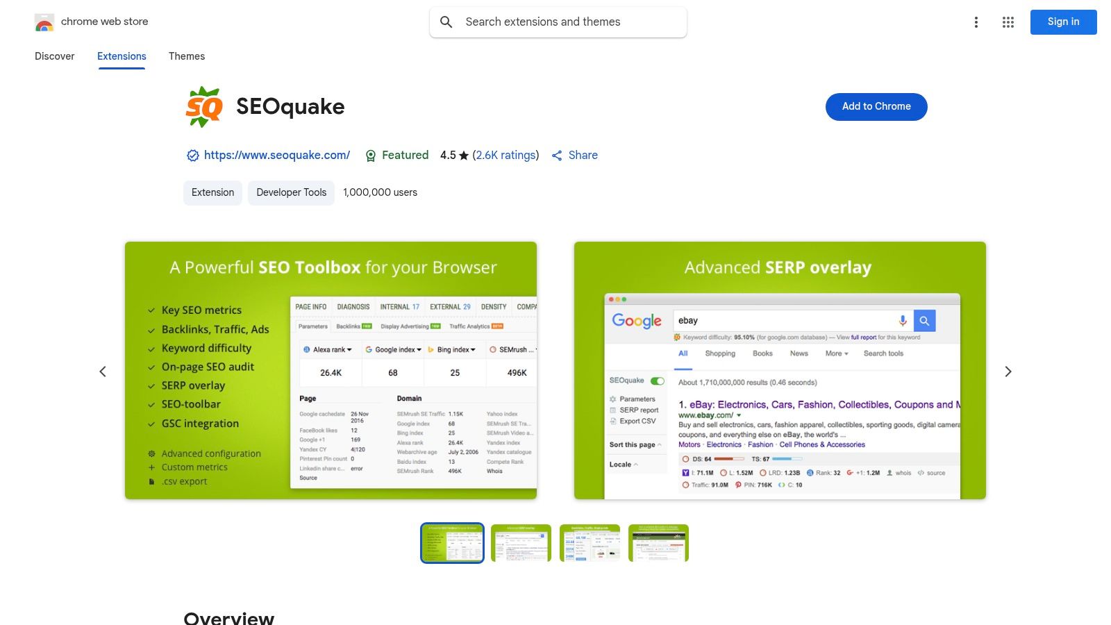 Chrome Web Store – SEO Extensions (e.g., SEOquake, MozBar, Ahrefs Toolbar)