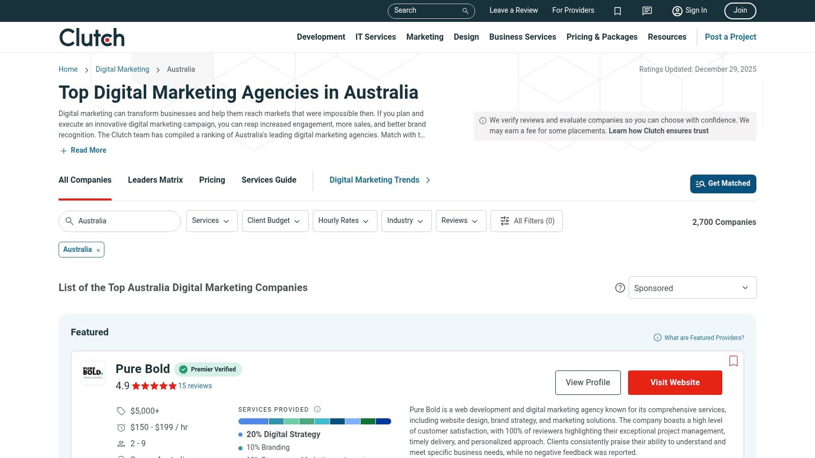 A screenshot of the Clutch website showcasing a list of top digital marketing companies in Australia, with filters for services, client budget, and industry focus.