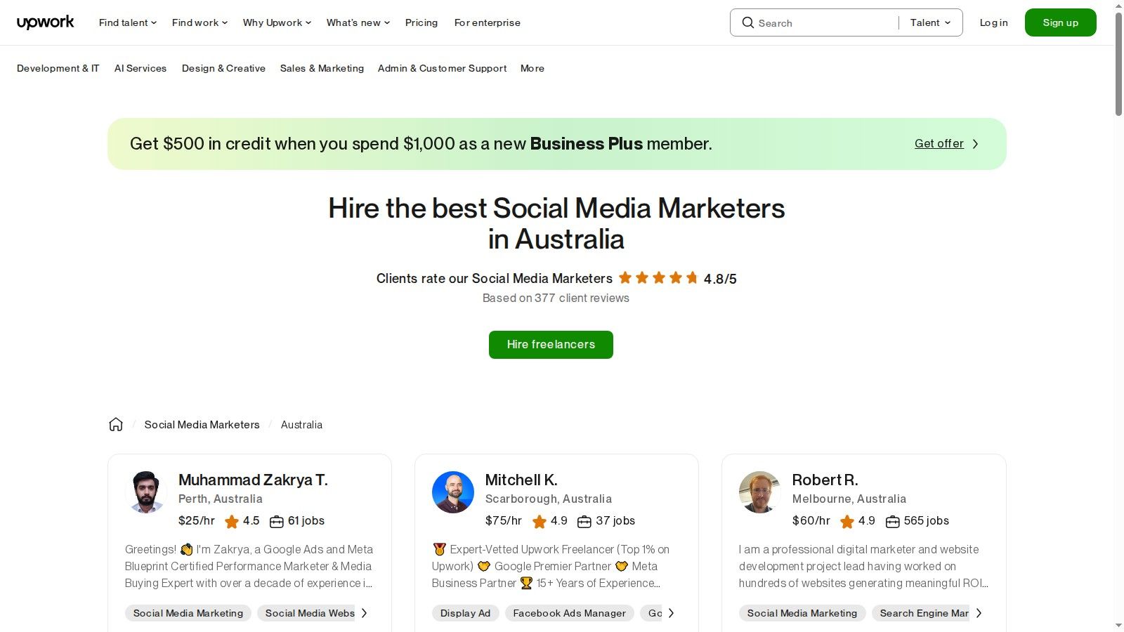 Upwork's homepage for hiring social media marketers in Australia, showing freelancer profiles with rates and reviews.