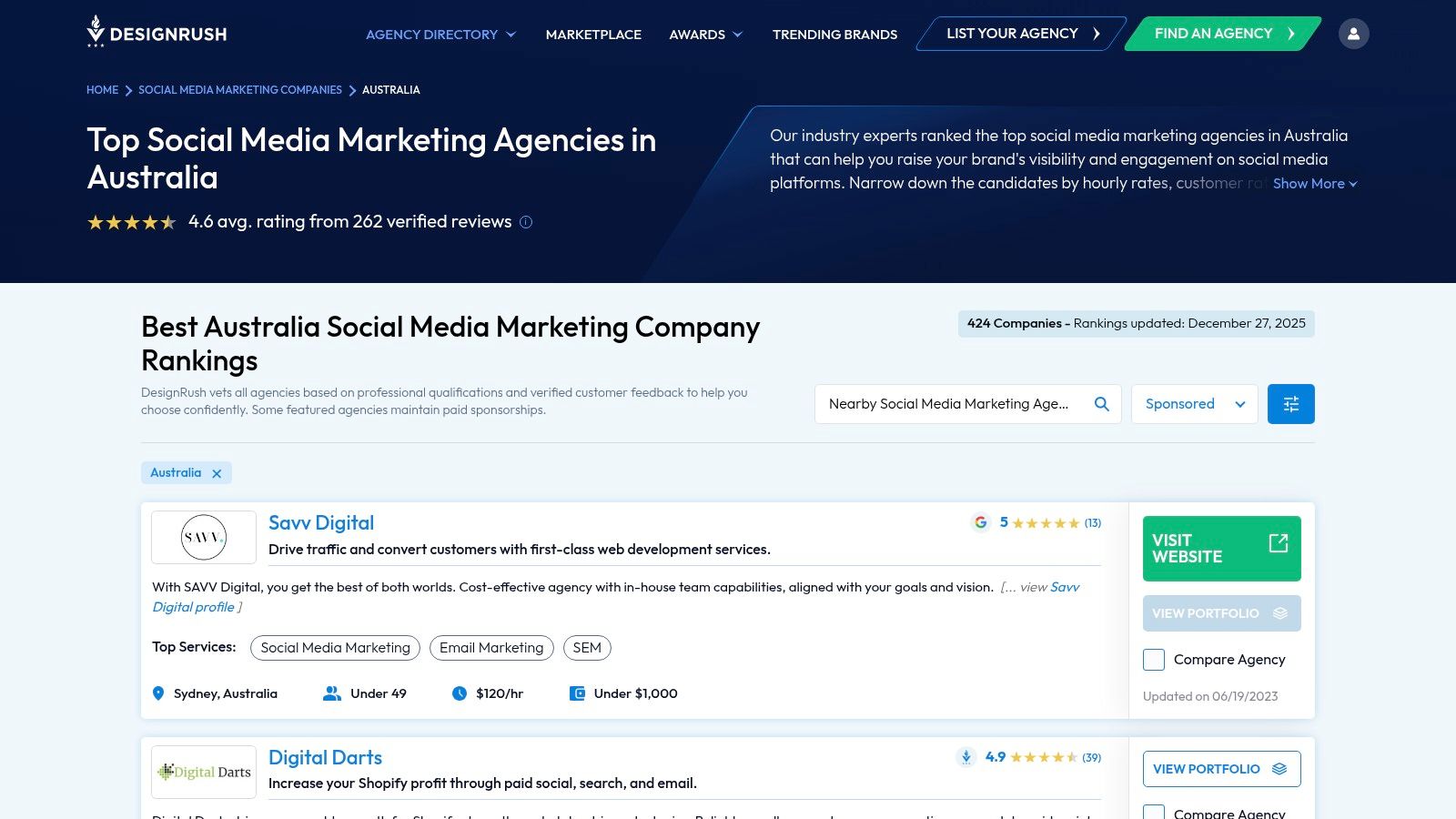 DesignRush's agency ranking page for social media marketing in Australia, showing agency profiles with reviews and services.