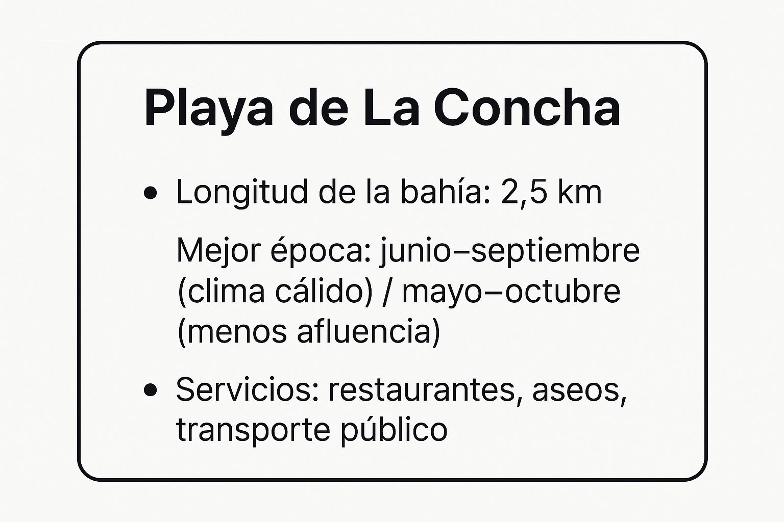 Infografía que muestra datos clave sobre la Playa de la Concha: longitud de la bahía de 2.5 km, mejor época para visitar de junio a septiembre por el clima y de mayo a octubre con menos gente, y servicios como restaurantes, aseos y transporte público.
