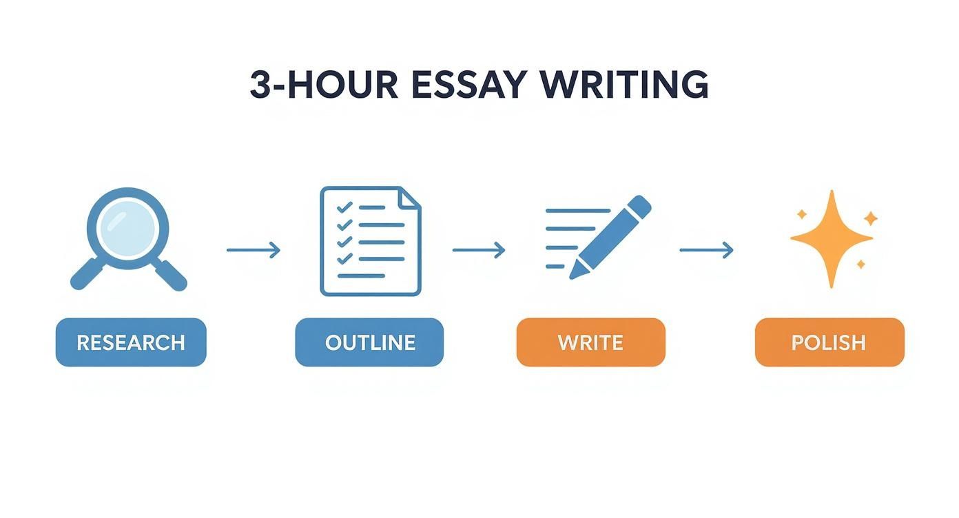 Four-step essay writing process showing research, outline, write, and polish stages with icons