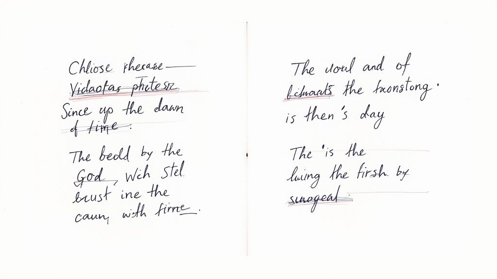 Handwritten notes with crossed out words showing the process of drafting an introduction paragraph