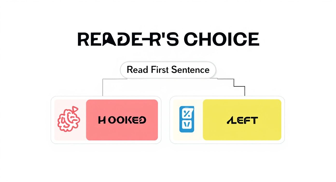 Flowchart showing reader's choice between hooked and left options after reading first sentence