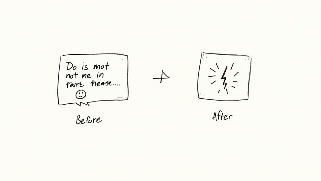 Before and after comparison showing transformation from wordy text to clear lightning bolt symbol