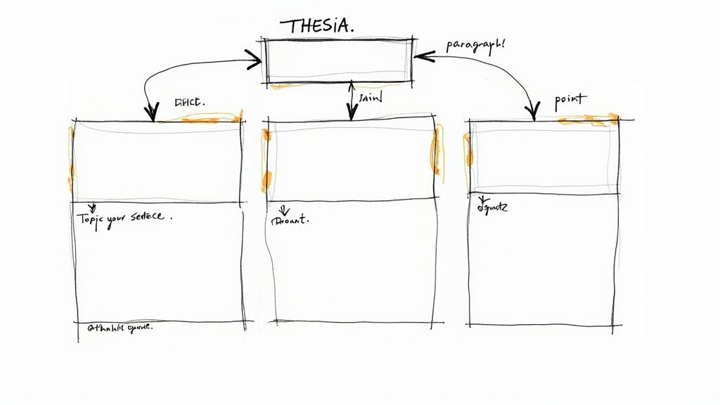 Hand-drawn diagram showing essay structure with thesis paragraph flowing to supporting paragraphs
