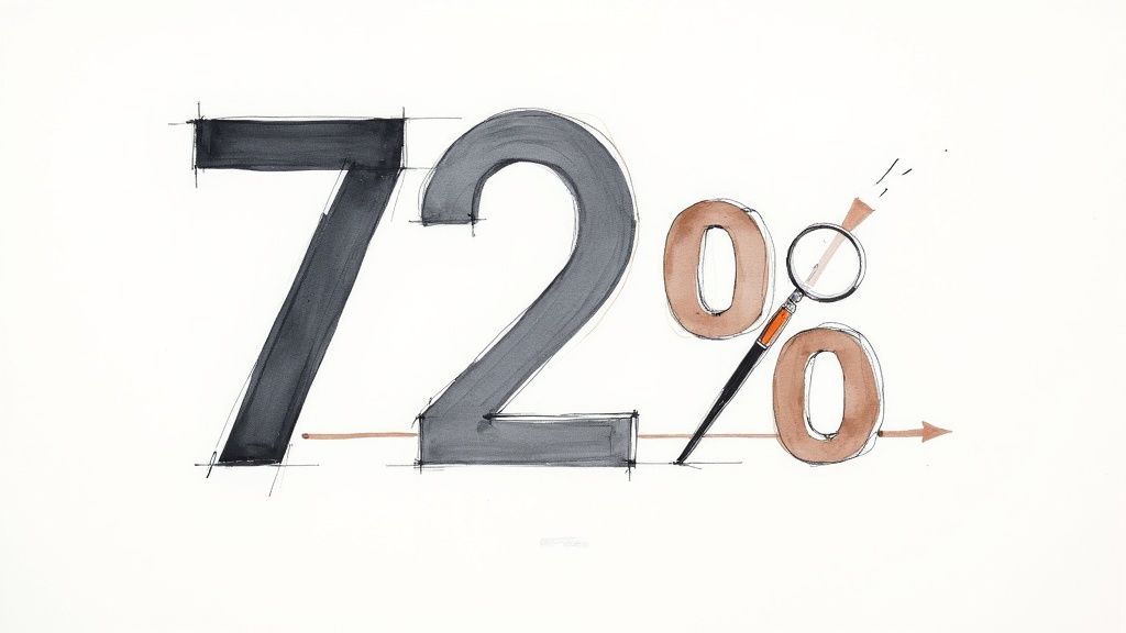 Hand-drawn illustration showing 72% statistic with magnifying glass examining the percentage number