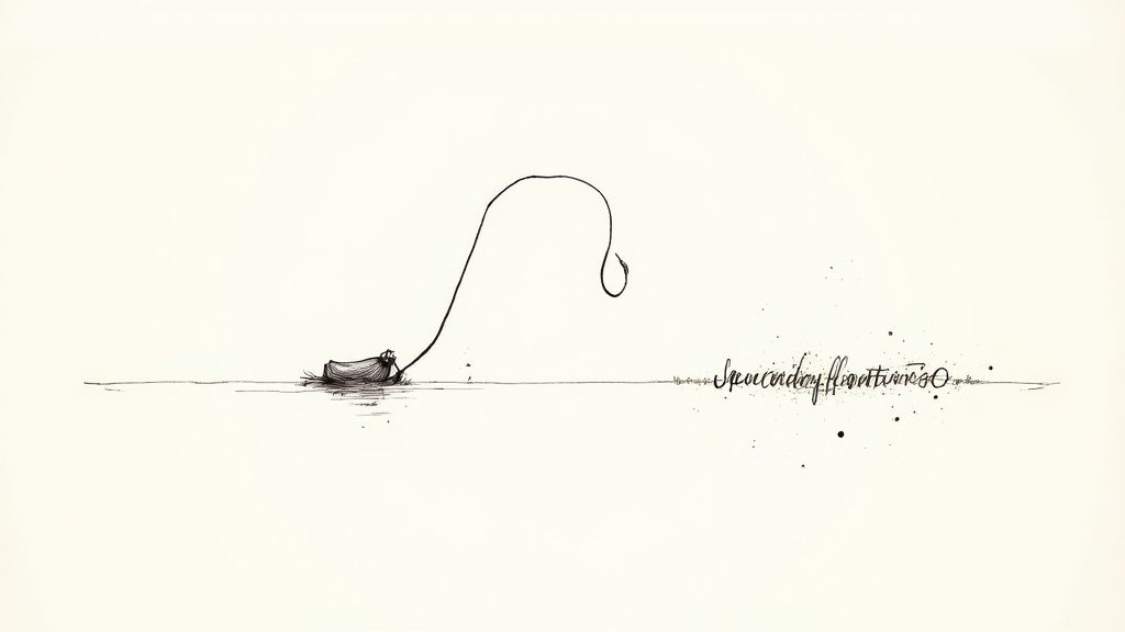 Minimalist sketch of person in boat casting fishing line with water droplet above