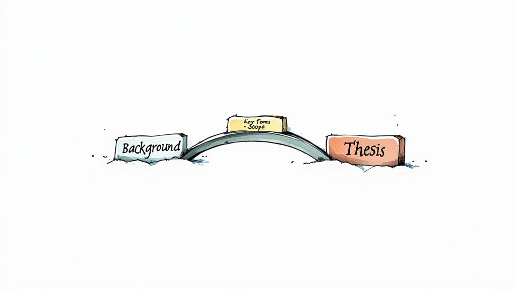 Visual diagram showing three main components of introduction paragraph: background, key terms scope, and thesis