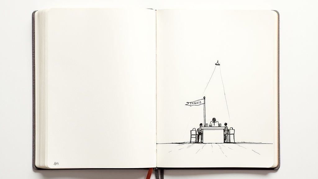 Minimalist sketch in open notebook showing people at desk with flag and overhead lamp
