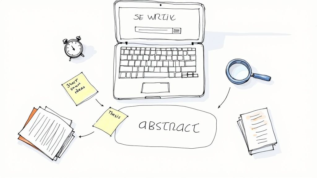 Laptop displaying writing interface surrounded by papers, sticky notes, clock, and magnifying glass for essay writing