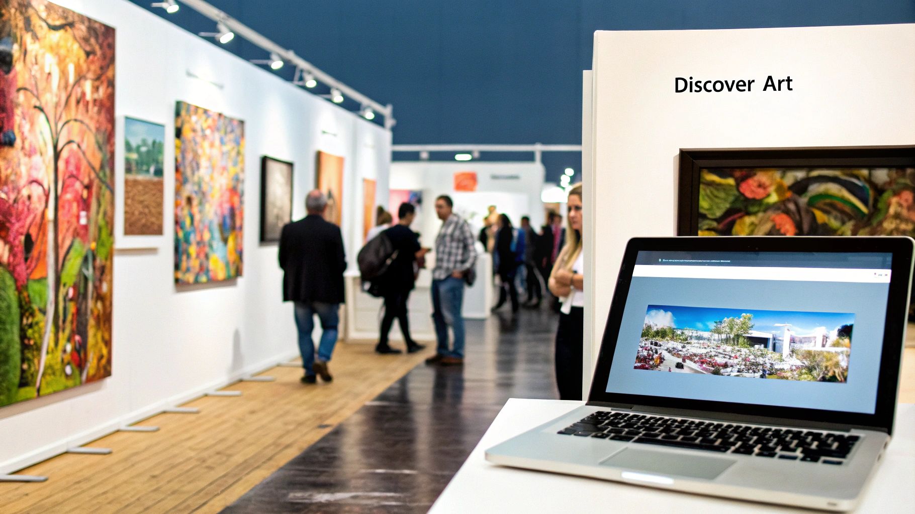 Image of various art pieces displayed in a modern, minimal setting
