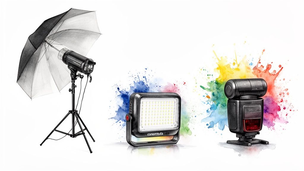 A watercolor illustration of various photography lighting equipment including a studio strobe with umbrella, LED panel, and speedlight.