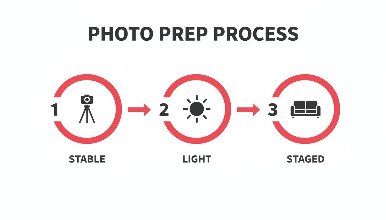 Visual guide to real estate photo preparation steps: stable camera, optimal light, and staged setting.