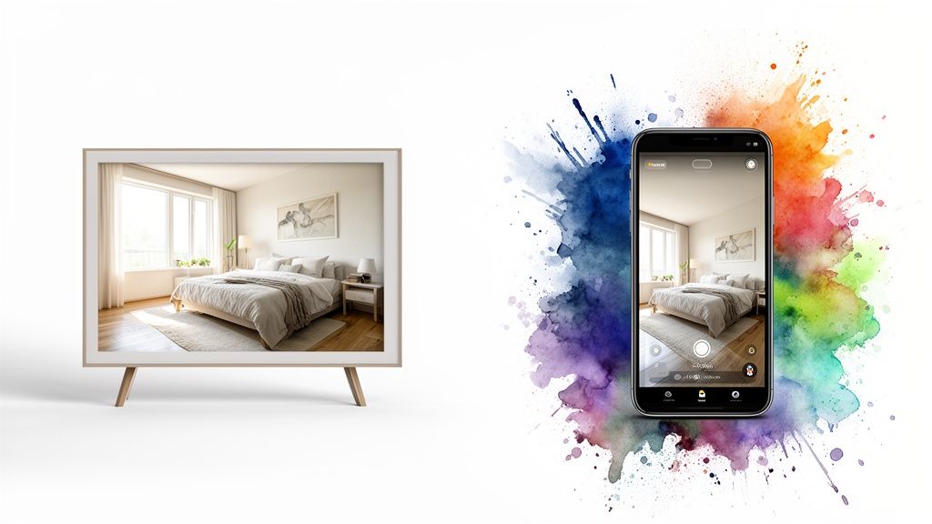 Modern bedroom interior shown on a framed display and a smartphone camera, surrounded by vibrant colors.