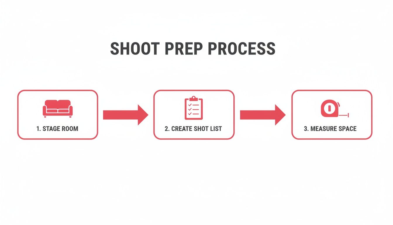 A flowchart showing the shoot preparation process: stage room, create shot list, and measure space.