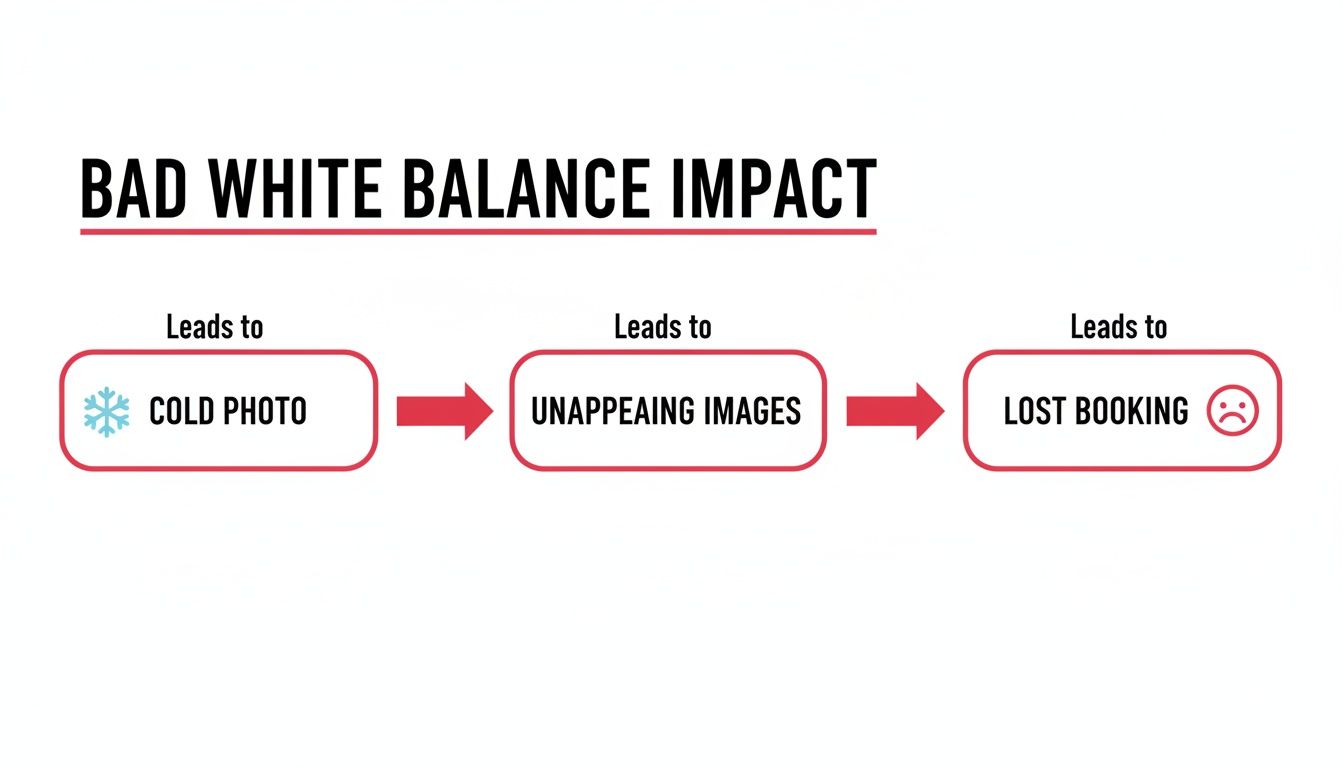 Flowchart illustrating the negative impact of bad white balance, leading to cold, unappealing photos and lost bookings.