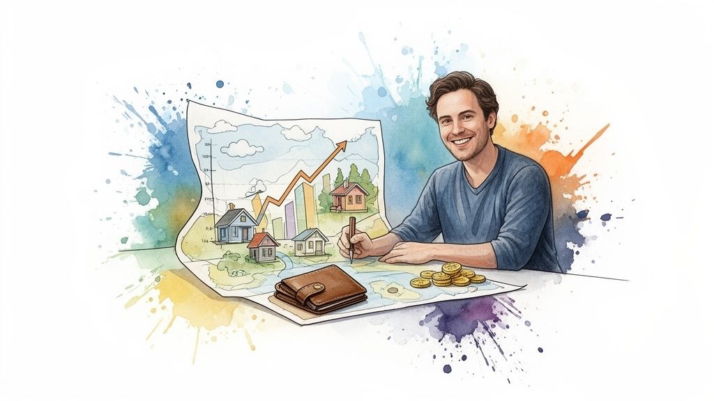 Smiling man sketches a real estate map with houses, a rising graph, coins, and wallet.