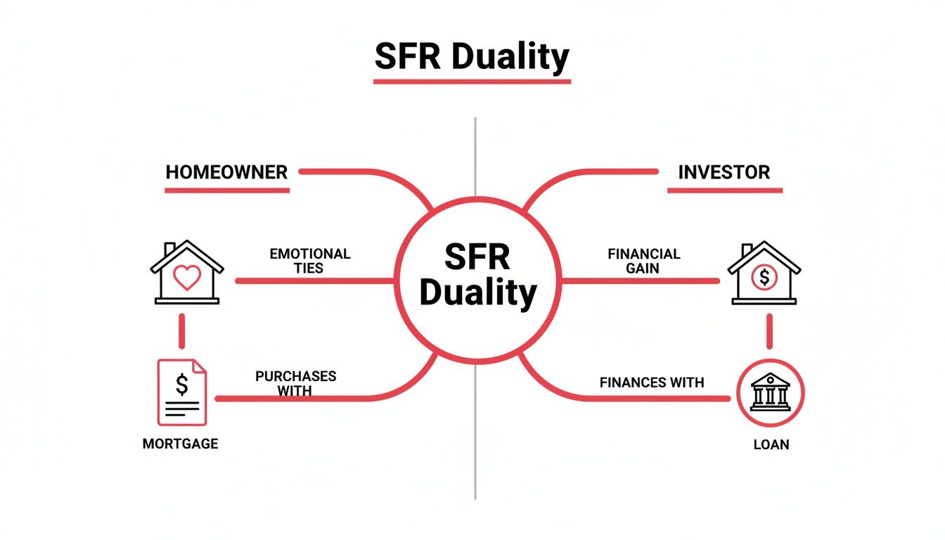 Diagram illustrating SFR Duality, contrasting homeowner (emotional ties, mortgage) and investor (financial gain, loan) perspectives.