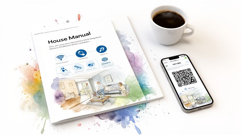 A 'House Manual' booklet with watercolor design, a coffee cup, and a smartphone showing a QR code for a rental.