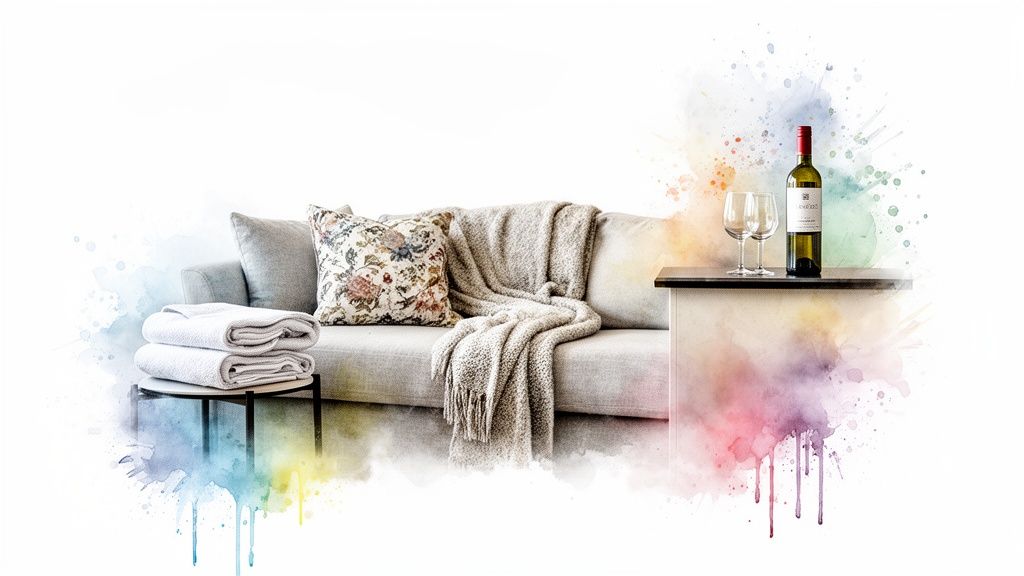 A modern living room scene with a grey sofa, colorful watercolor splashes, wine, and towels.