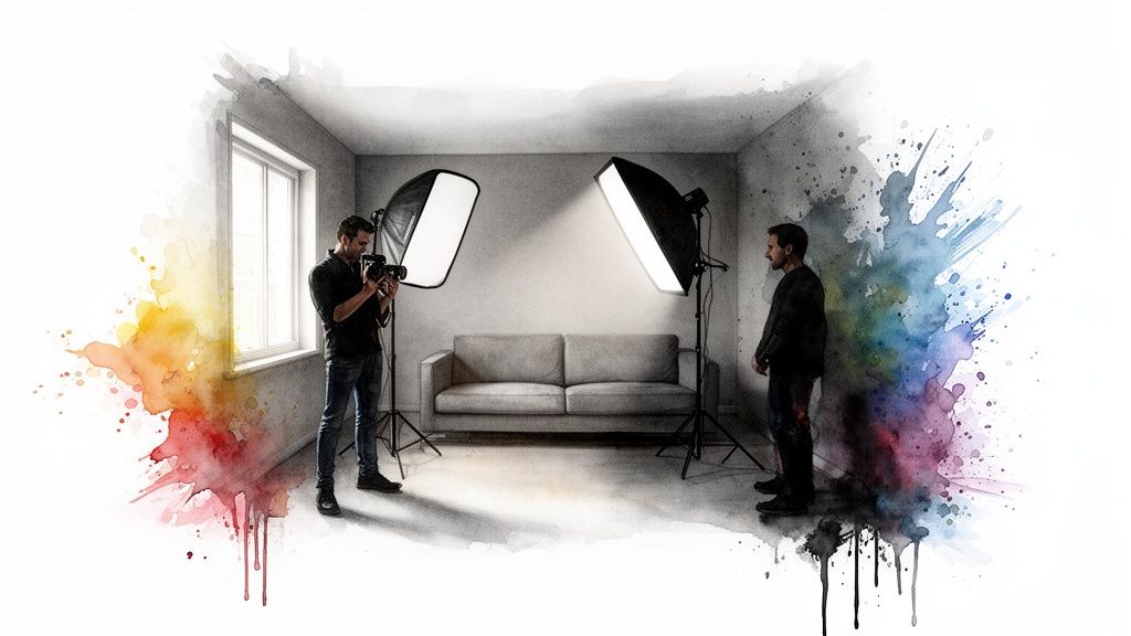 A photographer captures a portrait of a man in a studio with softbox lights and a sofa, framed by artistic watercolor splashes.