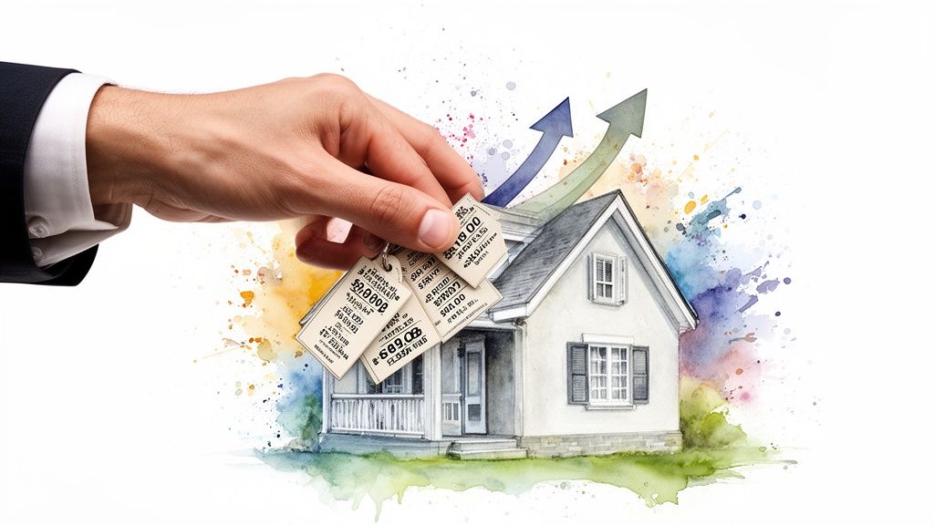 Businessman's hand holds house keys with price tags, symbolizing rising real estate values.