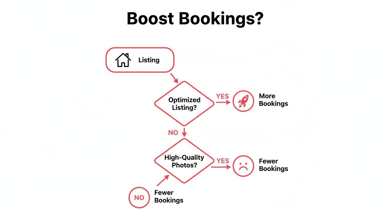 Flowchart showing steps to boost bookings by optimizing listings and using high-quality photos.