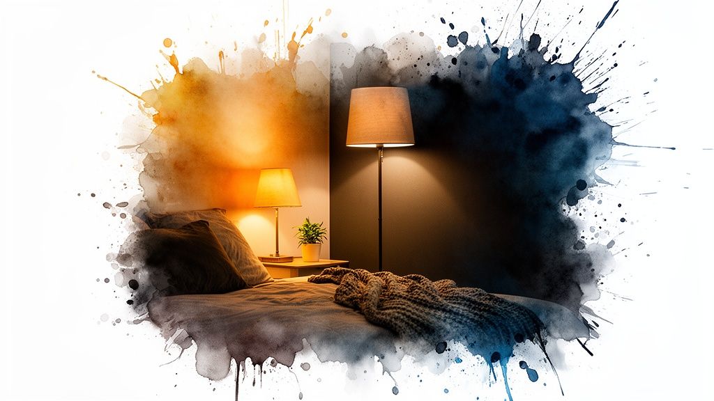 Watercolor art depicting a cozy bedroom with contrasting warm and cool lighting.
