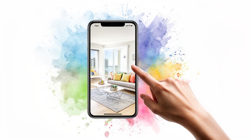 A hand interacts with a smartphone displaying a modern living room with a colorful watercolor splash background.