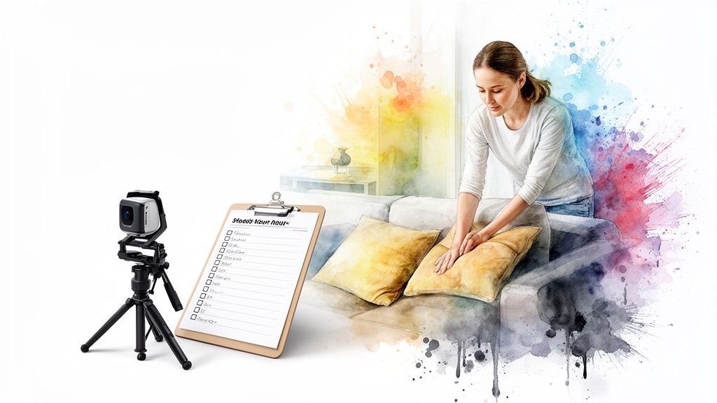 Woman staging a living room for a virtual tour with a 360 camera and checklist.
