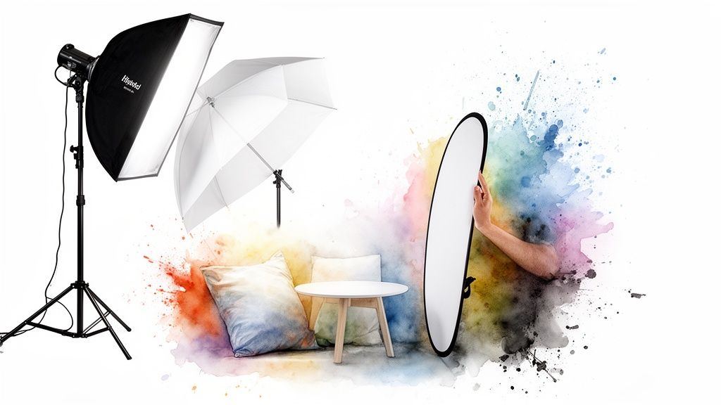 Photography lighting equipment including a softbox, umbrella, and reflector, overlaid on colorful watercolor splashes.