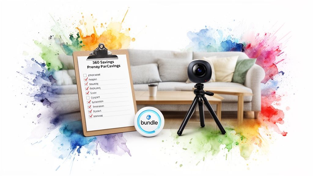 A 360-degree camera on a tripod, a checklist for '360 Savings,' and a 'bundle' logo in a room.