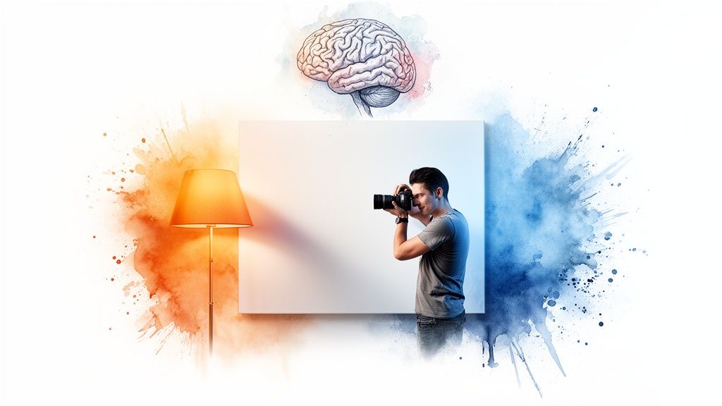 A man photographing a white canvas, with a brain illustration and vibrant watercolor splashes.